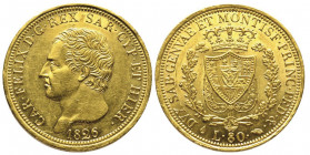 Carlo Felice 1821-1831
80 lire, Torino, 1826 (L), AU 25.8 g.
Ref : Cud. 1143e, MIR 1032f, Pag. 28, Fr. 1132
Conservation : Superbe