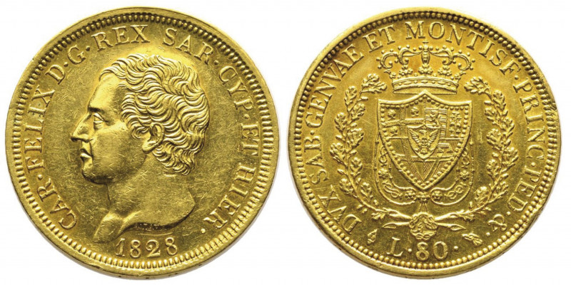 Carlo Felice 1821-1831
80 lire, Torino, 1828 (P), AU 25.8 g.
Ref : Cud. 1143i, M...