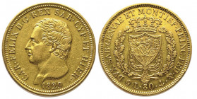 Carlo Felice 1821-1831
80 lire, Genova, 1829 (P), AU 25.8 g.
Ref : Cud. 1143k var., MIR 1032 var., Pag. 31 var., Fr. 1133
Conservation : TTB+. Rarissi...