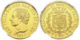 Carlo Felice 1821-1831
80 lire, Genova, 1830 (P), AU 25.8 g.
Ref : Cud. 1143l, MIR 1032m, Pag. 35, Fr. 1133
Conservation : NGC AU55