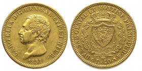 Carlo Felice 1821-1831
40 lire, Torino, 1831 (P), AU 12.9 g.
Ref : Cud. 1144d (R), MIR 1033, Pag. 44a, Fr. 1134
Conservation : TTB/SUP