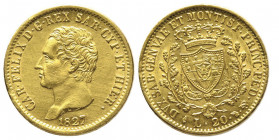 Carlo Felice 1821-1831
20 lire, Torino, 1827 (L), AU 6.45 g.
Ref : Cud. 1145j, MIR 1034i, Pag. 53, Fr. 1136
Conservation : traces de nettoyage sinon F...