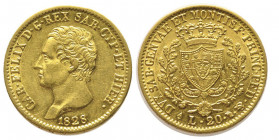 Carlo Felice 1821-1831
20 lire, Torino, 1828 (L), AU 6.42 g.
Ref : Cud. 1145l, MIR 1034l, Pag. 56, Fr. 1136
Conservation : Superbe