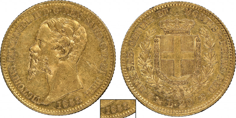 Vittorio Emanuele II, Re di Sardegna 1849-1861
20 Lire, Genova, 1852, F debole s...