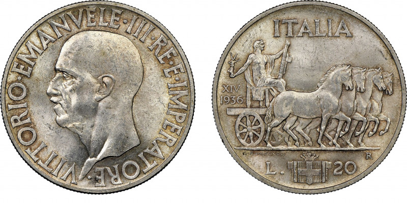 Vittorio Emanuele III 1900-1943
20 Lire Quadriga, Roma, 1936, Anno XIV, AG 20 g....