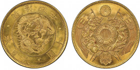 Japan Mutsuhito 1868-1912
10 Yen, Osaka, Year 4 (1871), AU 16,66 g.
Ref : Fr.44, KM-Y12, JNDA 01-2. Variety with border. Conservation : NGC MS 64. FDC