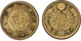 Japon Mutsuhito 1868-1912
5 Yen, Osaka, Year 6 (1873) , AU 8.33 g. Ref : Fr.47, KM#Y-11a, JNDA-01-3a Conservation : NGC MS 67.
Top Pop : Le plus beau ...