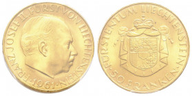 Franz Josef II 1938-1990
50 Francs, 1961, AU 11.29 g. 900‰
Ref : Y#19, Fr.22
Conservation : PCGS MS 65
Quantité : 20000 ex. Rare