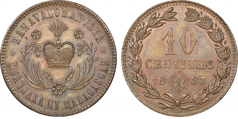 MADAGASCAR
Ranavalona III 1883-1897
10 centimes, 1883 E (essai), Cu 9.82 g.
Ref ...