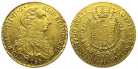 Mexico Carlos III 1759-1788
8 Escudos «Cara de rata», 1765/4 Mo,, AU 27.06 g. 
Ref : Cal. 79, Cal.Onza 750, KM#155
Ex Vente Aureo Calico 242, 08/03/20...