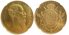 Mexico Maximiliano 1864-1867
20 Pesos, 1866, AU 27,02 g.
Ref : KM 389, Fr. 62
Conservation : NGC MS 61. Superbe