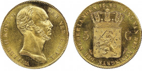 Wilhelm II 1840-1849
5 Gulden, Utrecht, 1843, AU 3.35 g.
Ref : Fr. 334.
Conservation : FDC
Quantité : 1.595 exemplaires. Très Rare