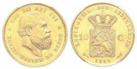 Willem III 1849–1890
10 Gulden, 1885, AU 6.72 g.
Ref : Fr. 342, KM#106
Conservation : PCGS MS 65
