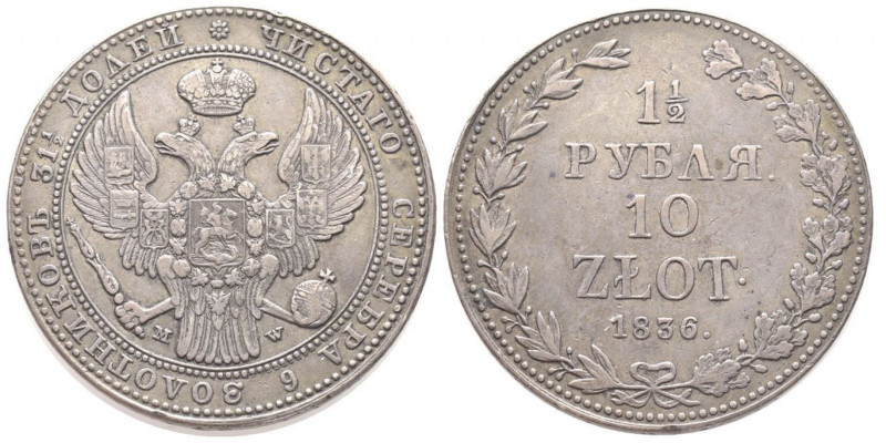 Nicholas I 1825-1855 
1-½ Roubles - 10 Zlotych, Warsaw, 1836 MW, AG 30.58 g.
Ref...