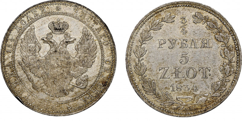 Nicholas I 1826-1855
3/4 Roubles 5 Zlotych, Warsaw 1834 MW, AG 15,45 g. Ref : Bi...