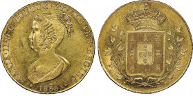 Maria II 1834-1853
7500 Reis (Peça), Lisboa, 1835, AU 14,29 g. Ref : Fr.141, KM#407, Gomes 11.01
Conservation : NGC MS 62