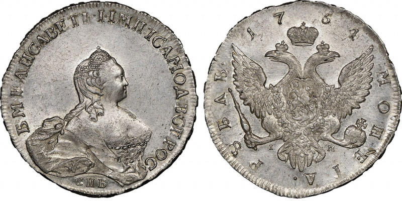 Elizabeth 1741-1762
Rouble, St Petersburg, 1754 СПБ-IП, AG 26.02 g.
Ref : Bitkin...