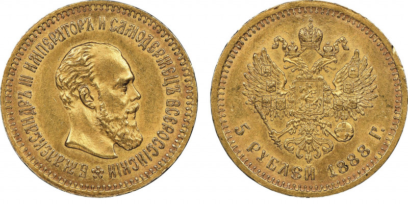 Alexander III 1881-1894
5 Roubles, St. Petersburg, 1888, AU 6,45 g. Ref : Fr. 16...