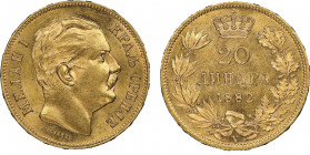 Serbia 
Milan Obrenović IV 1868-1882
20 Dinara, 1882 V, AU 6.45 g. 900‰
Ref : Fr. 4, KM#17
Conservation : NGC MS 62