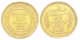 Tunisia
Mohamed El Habib Bey AH 1340-1348 (1922-1928)
20 Francs AH 1347 (1928), AU 6,45 g. Ref : Lec. 485, KM#253
Conservation : PCGS MS 63
Quantité :...