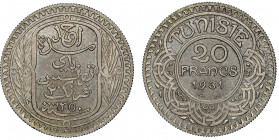 Tunisia Hamed Bey AH 1348-1361 (1929-1942)
20 Francs AH 1350 (1931), AG 20 g. Ref : Lec. 359
Conservation : NGC MS 63.
Top Pop: le plus beau gradé Qua...