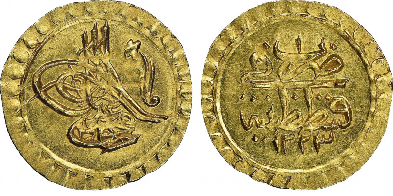 Mohammed II 1808-1839
1/4 Zeri Mahbub, Instanbul, 1223 H//1 (1808), AU 0.77 g. R...