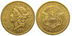 USA
20 Dollars, 1853/ "2", Philadephia, AU 33.43 g. Ref : Fr. 169
Conservation : TTB/Sup