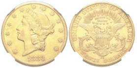 20 Dollars, 1883, Carson City, AU 33.43 g.
Ref : Fr. 179
Conservation : NGC AU 55