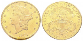 20 Dollars, San Francisco, 1904 S, AU 33.43 g.
Ref : Fr. 172, KM#74.1
Conservation : PCGS MS 65