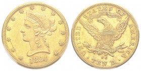 10 Dollars, Carson City, 1884 CC, AU 
Ref : Fr. 161, KM#102
Conservation : PCGS AU 55
Quantité : 9925 exemplaires. Rare