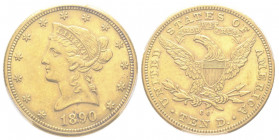 10 Dollars, Carson City, 1890 CC, AU 
Ref : Fr. 161, KM#102
Conservation : PCGS AU 55
Quantité: 17500 exemplaires. Rare