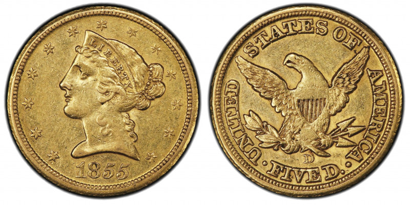 5 Dollars, Denver, 1855, Large D, AU 8.35 g.
Ref : Fr. 
Conservation : PCGS AU53...