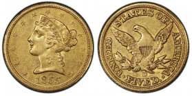 5 Dollars, Denver, 1855, Large D, AU 8.35 g.
Ref : Fr. 
Conservation : PCGS AU53
Quantité : 22432 exemplaires. Rare