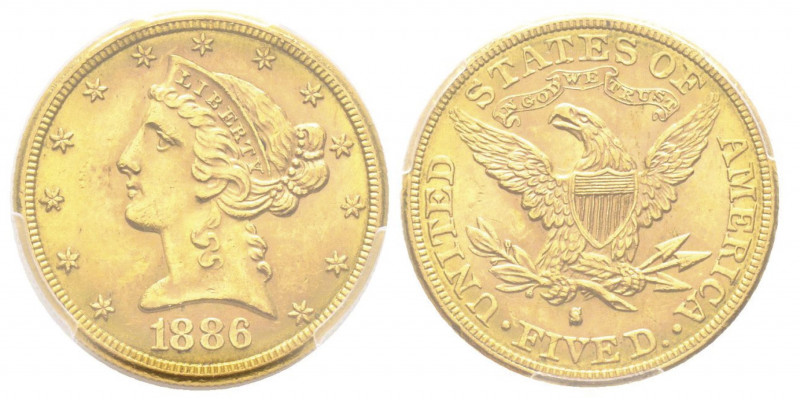 5 Dollars, San Francisco, 1886 S, 8.35 g.
Ref : Fr. 145, KM#129
Conservation : P...