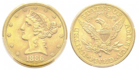 5 Dollars, San Francisco, 1886 S, 8.35 g.
Ref : Fr. 145, KM#129
Conservation : PCGS MS 63