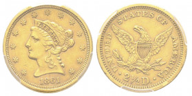 2.5 Dollars, Philadelphia, 1861, AU 4.18 g.
Ref : KM#72
Conservation : PCGS AU 55. New Reverse