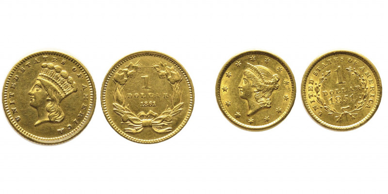 Lot des 2 monnaies :
1 Dollar, Philadelphia, 1851, AU 1.67 g. Fr. 84, KM#73. Sup...