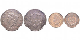 Lot des 2 monnaies :
-Coronet Head, Cent, Philadephia, 1816, Type 1, Cu 10.89 g. KM# 45.1. NGC VF 35 BN -Indian Head Cent, Philadelphia,
1903, Cu. NGC...