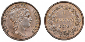 Venezuela
1 centavo, London, 1852, Cu 10.8 g. Ref : KM#Y6
Conservation : NGC MS 65 BN