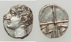 GAUL. Massalia. Ca. 1st century BC. AR obol (9mm, 0.60 gm, 12h). AU Ca. 100-50 BC. Bare head of Apollo left; dotted border / MA, legend within two spo...