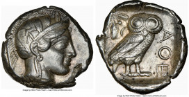 ATTICA. Athens. Ca. 440-404 BC. AR tetradrachm (25mm, 17.20 gm, 10h). NGC AU 5/5 - 4/5. Mid-mass coinage issue. Head of Athena right, wearing earring,...