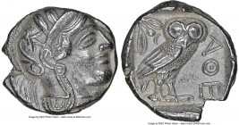 ATTICA. Athens. Ca. 440-404 BC. AR tetradrachm (24mm, 17.17 gm, 8h). NGC AU 4/5 - 4/5. Mid-mass coinage issue. Head of Athena right, wearing earring, ...