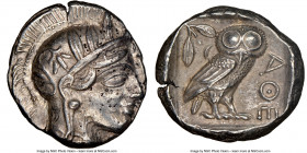 ATTICA. Athens. Ca. 440-404 BC. AR tetradrachm (25mm, 17.17 gm, 4h). NGC AU 4/5 - 3/5. Mid-mass coinage issue. Head of Athena right, wearing earring, ...