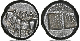 BITHYNIA. Calchedon. Ca. 387/6-340 BC. AR drachm (13mm). NGC Choice XF. KAΛX, bull standing left on grain ear pointed right; caduceus before; ΔΑ monog...