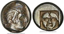 LESBOS. Mytilene. Ca. 412-378 BC. EL sixth-stater or hecte (11mm, 2.58 gm, 2h). NGC Choice VF 3/5 - 4/5. Head of Actaeon right, with wavy hair, stag h...