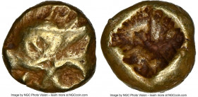 IONIA. Uncertain mint. Ca. 625-550 BC. EL 1/48 stater (5mm, 0.28 gm). NGC VF 3/5 - 4/5. Symmetrical geometric pattern resembling palmette or fleur-de-...