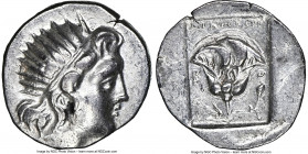 CARIAN ISLANDS. Rhodes. Ca. 188-170 BC. AR drachm (16mm, 12h). NGC Choice XF. Plinthophoric standard, Ainetor, magistrate. Radiate head of Helios righ...