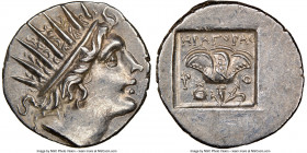 CARIAN ISLANDS. Rhodes. Ca. 88-84 BC. AR drachm (16mm, 11h). NGC Choice AU. Plinthophoric standard, Erapora(s), magistrate. Radiate head of Helios rig...