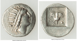 CARIAN ISLANDS. Rhodes. Ca. 88-84 BC. AR drachm (16mm, 2.70 gm, 11h). VF. Plinthophoric standard, Lysimachus, magistrate. Radiate head of Helios right...