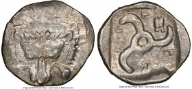 LYCIAN DYNASTS. Mithrapata (ca. 390-360 BC). AR sixth-stater (14mm, 12h). NGC Choice AU. Uncertain mint. Lion scalp facing / MEΘ-PAΠ-AT-A, triskeles w...